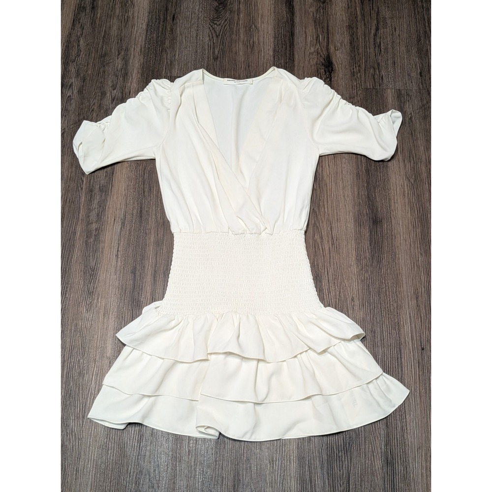 Amanda Uprichard Ivory Dress XS V‎ Neck Ruffle Smocked Mini Party READ!